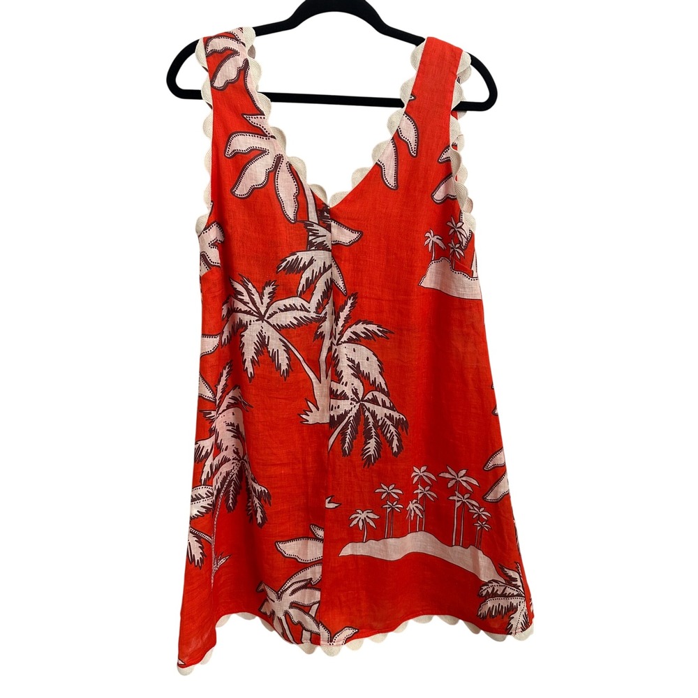 Milla Greece Orange Linen Tropical Palm Scallop Trim Tank Top S23m-13020 L